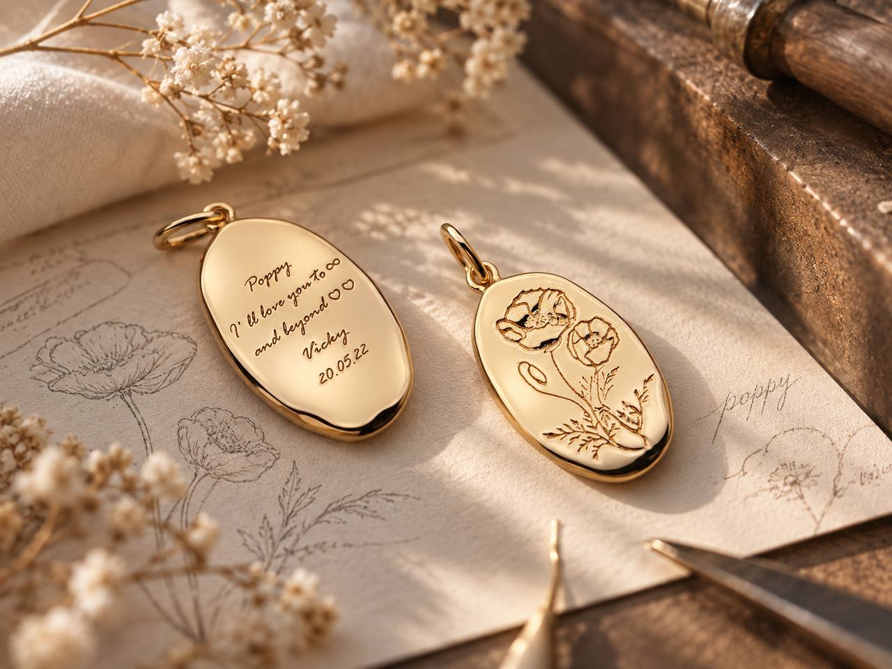 Two engraved poppy pendants